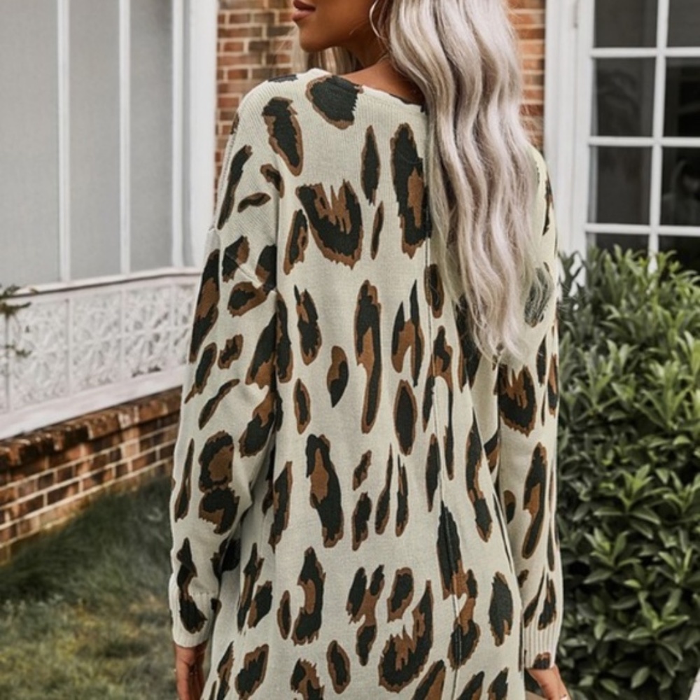 V Neck fall Leopard print Knit Tunic Sweater tan - Picture 3 of 5